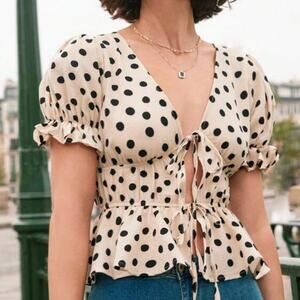 SHEIN Frenchy Polka Dot Print Tie Front Short Puff Sleeve Blouse Sz M‎